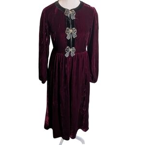 UUNIQ Burgundy Dress With Rhinestone Bows Midi Velvet The Great Gatsby Size Med